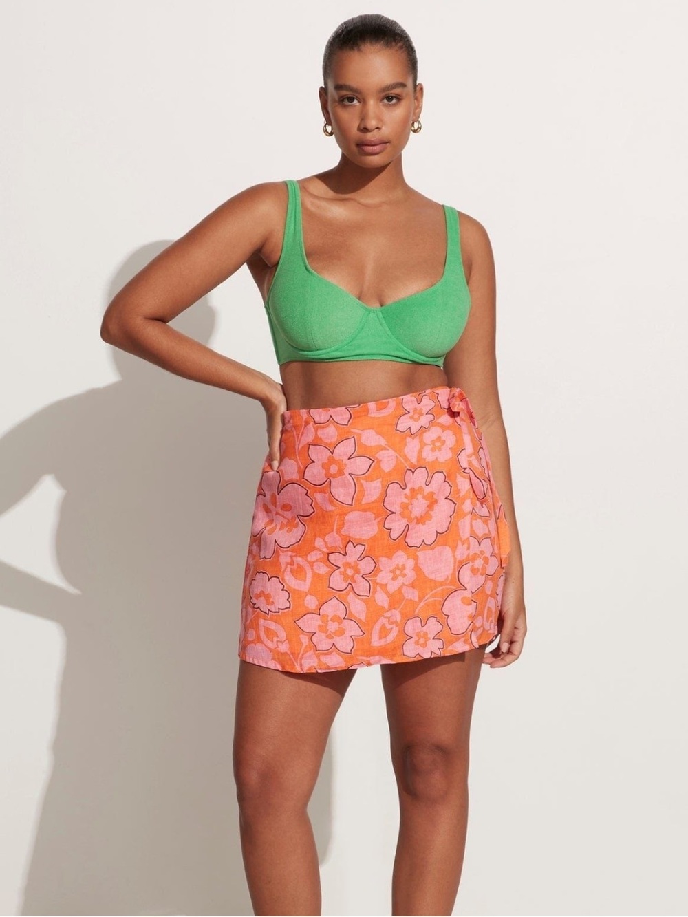 Faithfull the Brand Orange Mini Wrap Skirt with Pink Floral Print